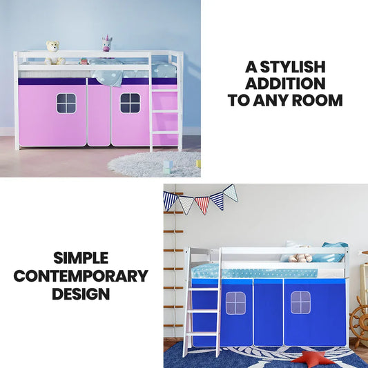 Kingston Slumber Wooden Kids Single Loft Bed Frame - Hiding Space Underneath with Interchangeable Pink and Blue Curtains - Mekamart Australia