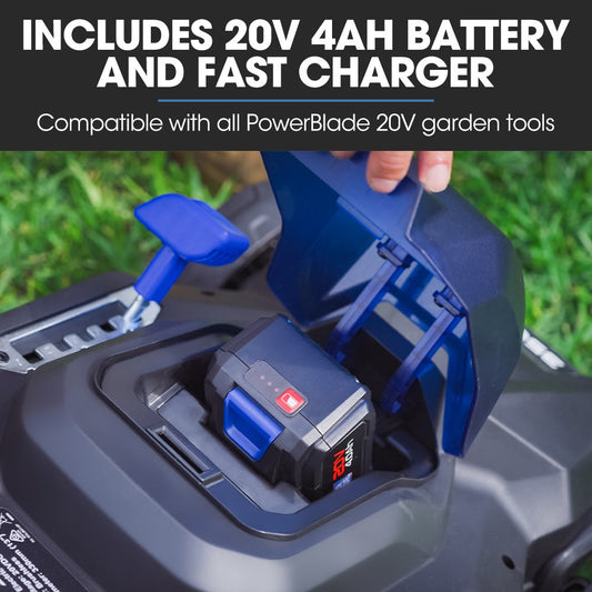 POWERBLADE 350CX 20V 13" Cordless Lawn Mower Kit, Fast Charger, 4Ah Battery, 5 Height, Brushless Electric, 330mm Cutting Path