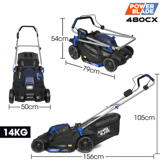 POWERBLADE 480CX 40V 17" Cordless Lawn Mower Kit, Fast Charger, 2 x 4Ah Batteries, 6 Stage Height, Brushless Electric, 430mm Cutting Path
