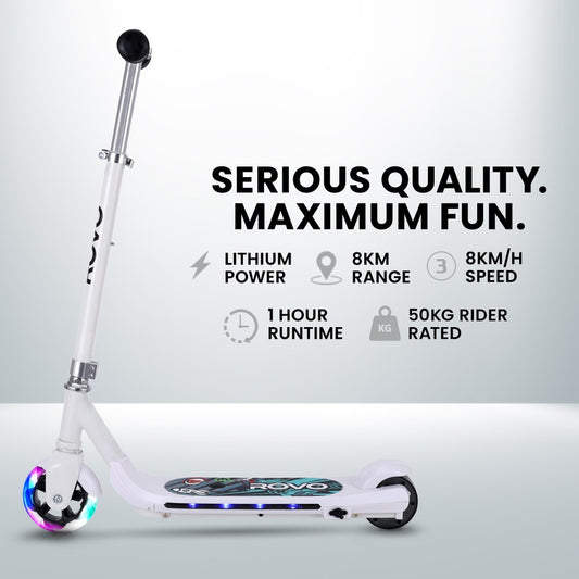 ROVO KIDS WhizKid Electric Scooter, Ages 5-11, Adjustable Height, AU Compliant, Lithium Battery, Brushless Motor, White