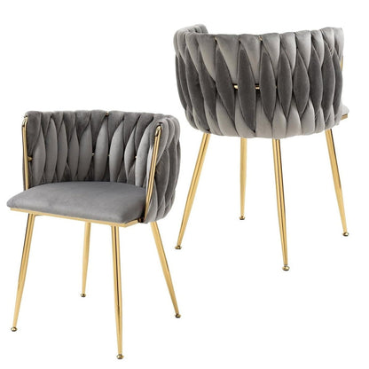 SERENITà Grey Modern Hand Weaving Dining Chairs,Velvet Upholstered Side Chairs with Gold Legs, Chic Vanity Chairs with Armrest, Accent Chair for Dining Room, and Cafe Set of 2