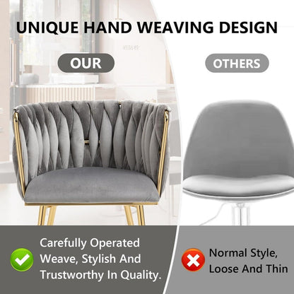 SERENITà Grey Modern Hand Weaving Dining Chairs,Velvet Upholstered Side Chairs with Gold Legs, Chic Vanity Chairs with Armrest, Accent Chair for Dining Room, and Cafe Set of 2