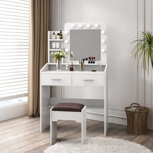 Diana Vanity Set with Shelves Cushioned Stool and Lighted Mirror- White - Mekamart Australia