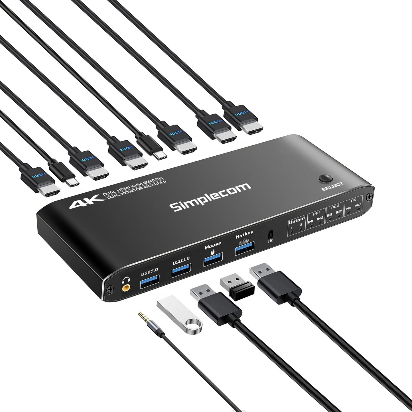 Simplecom KM430 Dual HDMI Monitor KVM Switch for 2 Computers with 4-Port USB Hub 4K@60Hz Keyboard Hotkey