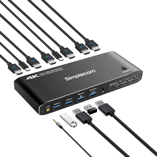 Simplecom KM430 Dual HDMI Monitor KVM Switch for 2 Computers with 4-Port USB Hub 4K@60Hz Keyboard Hotkey