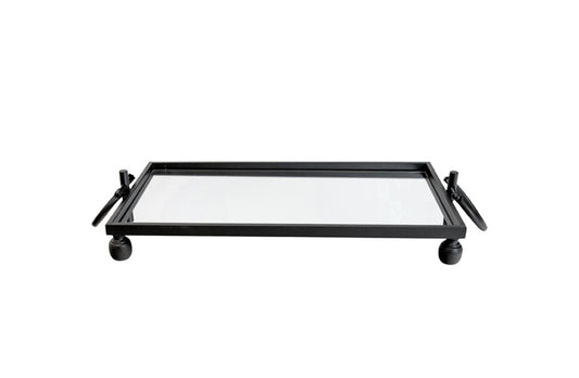 Eliza Small Rectangle Iron Mirror Tray with Handles - Black