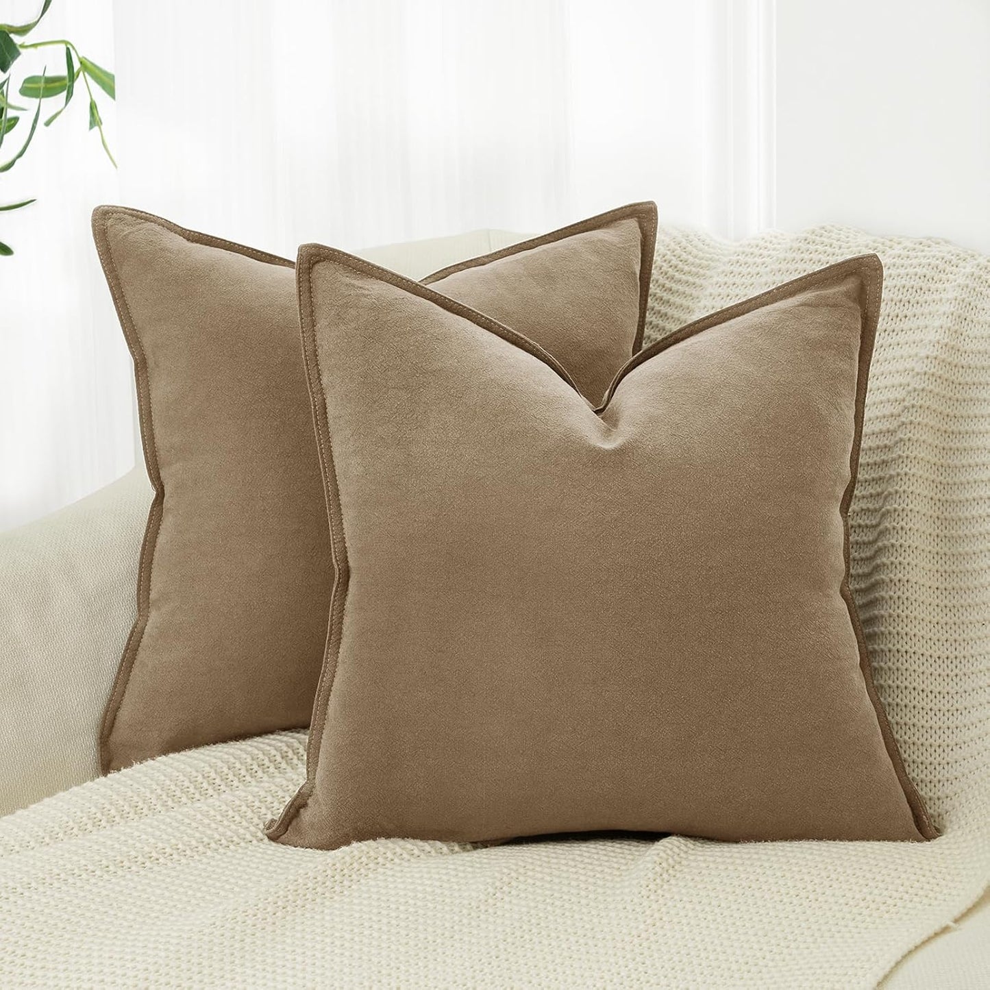 Linen Cushion Covers - 30% Linen 70% Cotton Blend, Soft & Breathable with Hidden Zipper Design - Tan, 45cm x 45cm (Twin Pack)