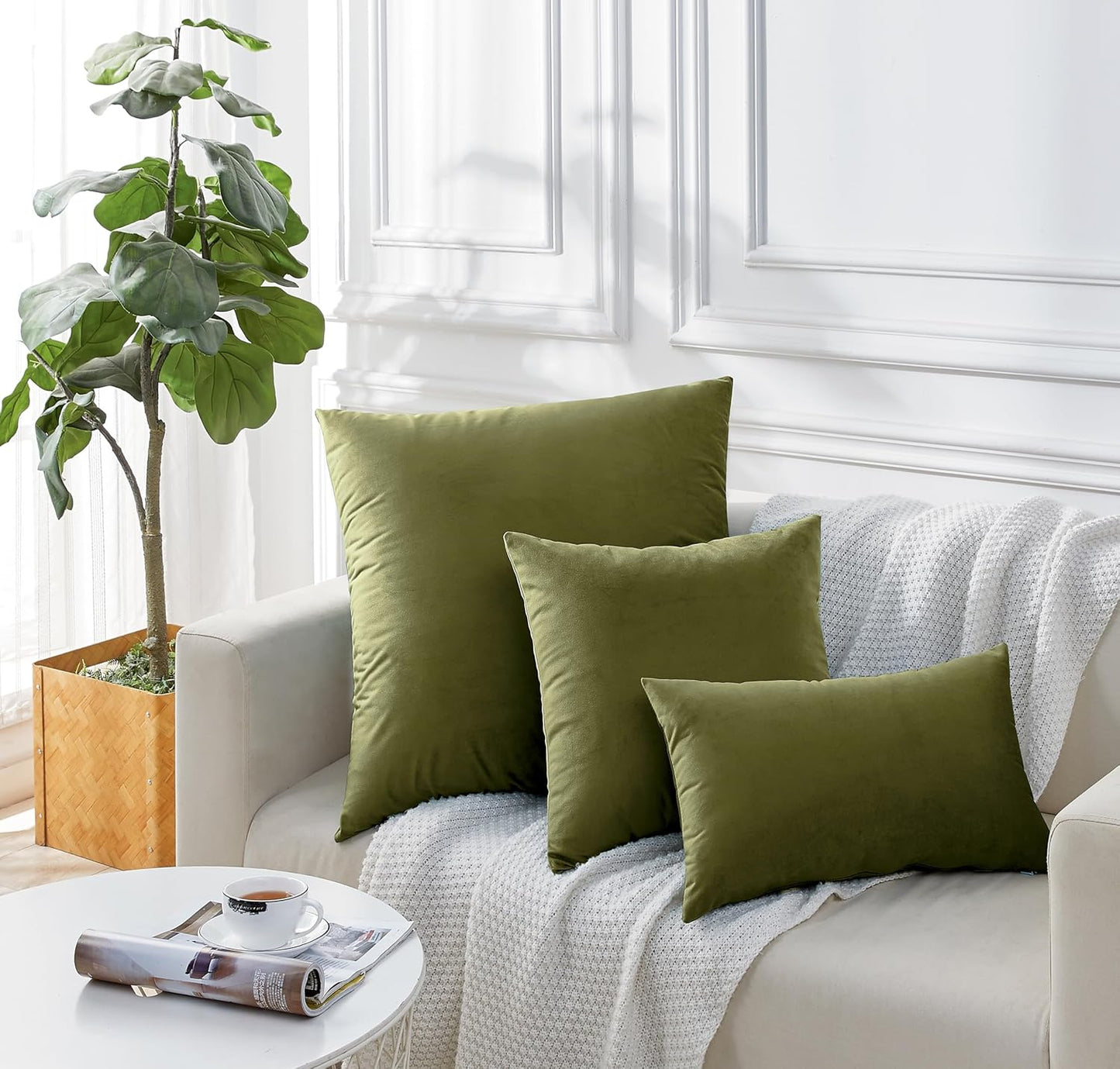 Twin-Pack Velvet Cushion Covers - Soft Microfibre Cushion Covers with Hidden Zipper (Olive Green, 30cm*50cm)