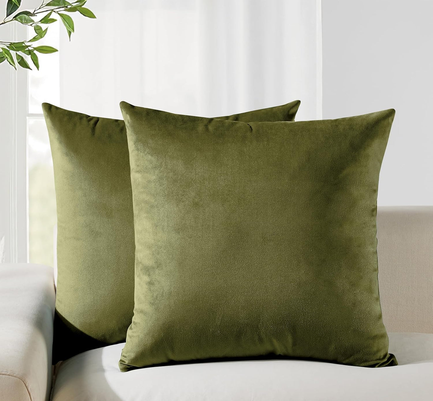 Twin-Pack Velvet Cushion Covers - Soft Microfibre Cushion Covers with Hidden Zipper (Olive Green, 65cm*65cm)
