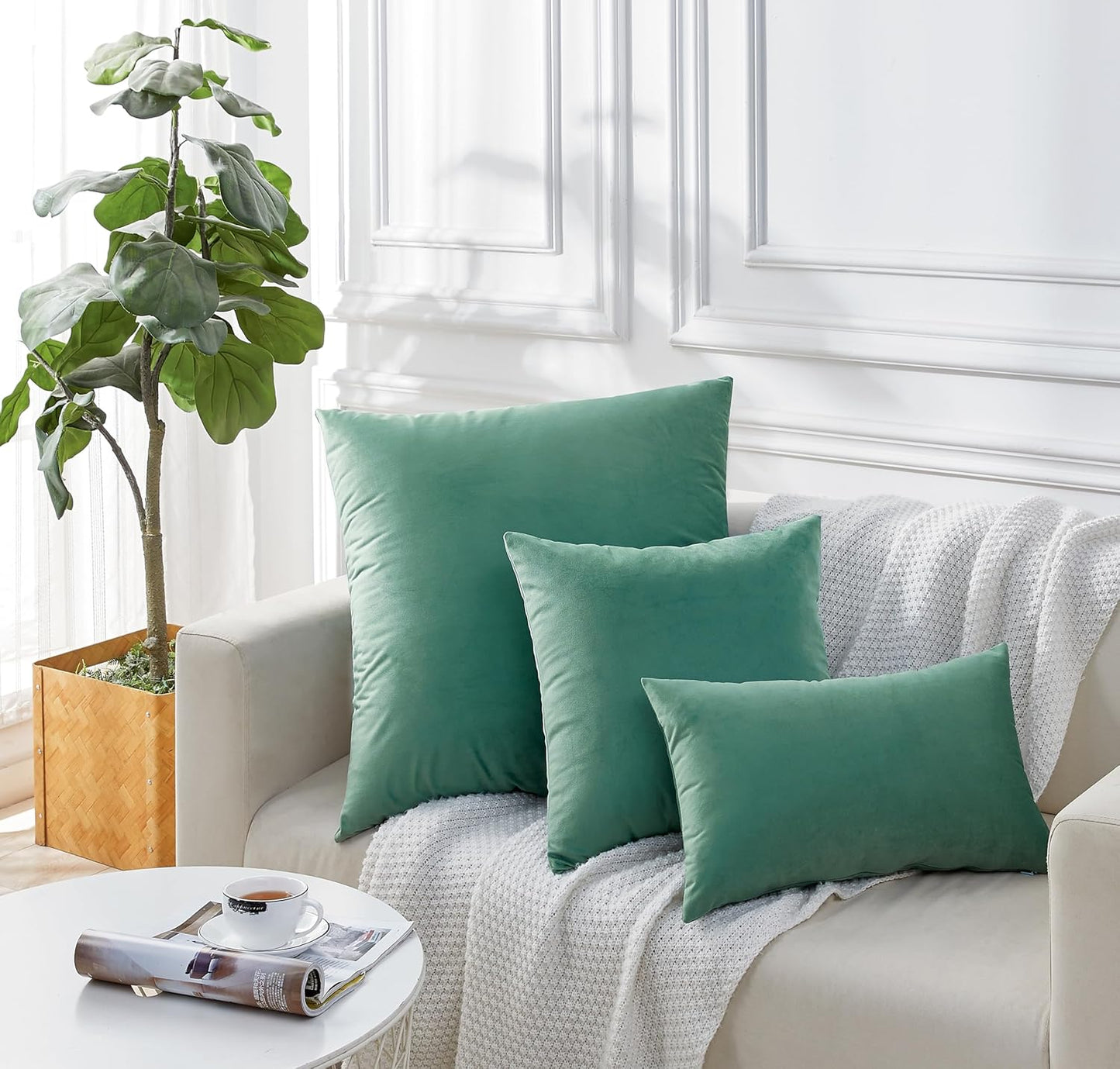 Twin-Pack Velvet Cushion Covers - Soft Microfibre Cushion Covers with Hidden Zipper (Sage, 45cm*45cm)