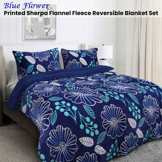 Ramesses Blue Flower Printed Sherpa Flannel Fleece Reversible Blanket Set Queen/King
