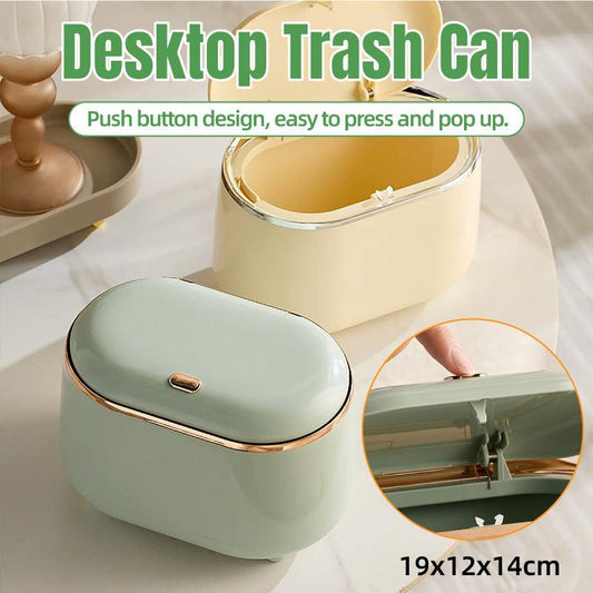Small Desktop Trash Can Oval Pop Up Lid Rubbish Bin Waste Organizer Container - Green