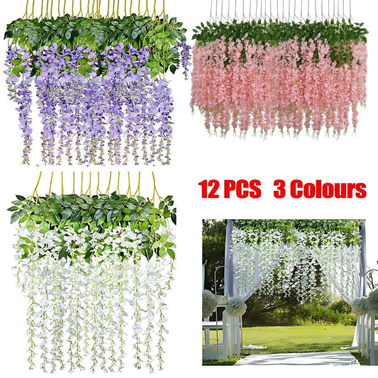 12X Artificial Silk Fake Flower Garland Vine Wisteria Leaf Hanging Wedding Decor - White