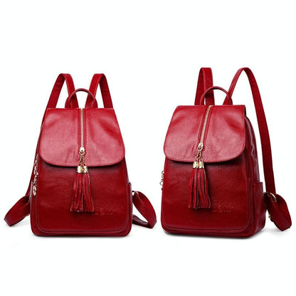 Leather Travel Backpack - Anti-theft Compact - Red