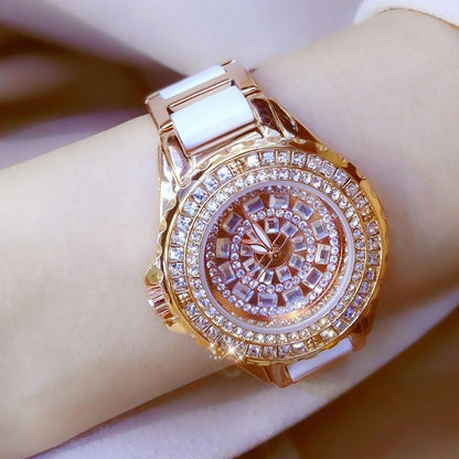 Rose Gold Ceramic Watch with Diamond Strap for Women
