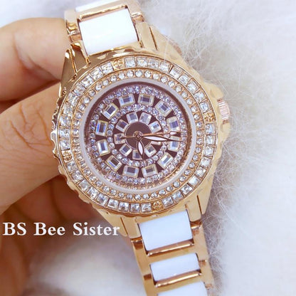Rose Gold Ceramic Watch with Diamond Strap for Women
