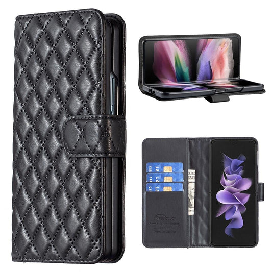 For Samsung Galaxy Z Fold4 5G Samsung Fold 4 Diamond Lattice Wallet Case - Sleek And Stylish - Black