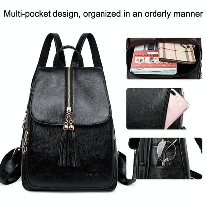 Leather Travel Backpack - Anti-theft Compact - Blue