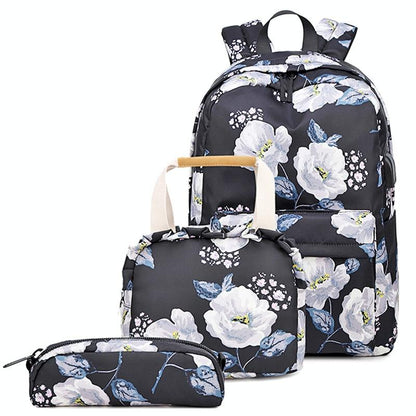 Small Fresh Printed Backpack Set - 3 Pieces for Students - Dark Blue