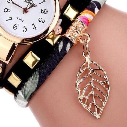 Leaf Pendant Quartz Bracelet Watch for Women - Black