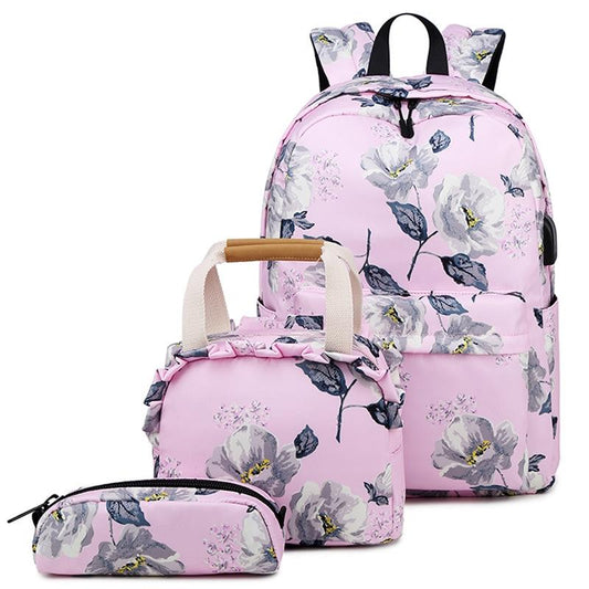 Small Fresh Printed Backpack Set - 3 Pieces for Students - Pink