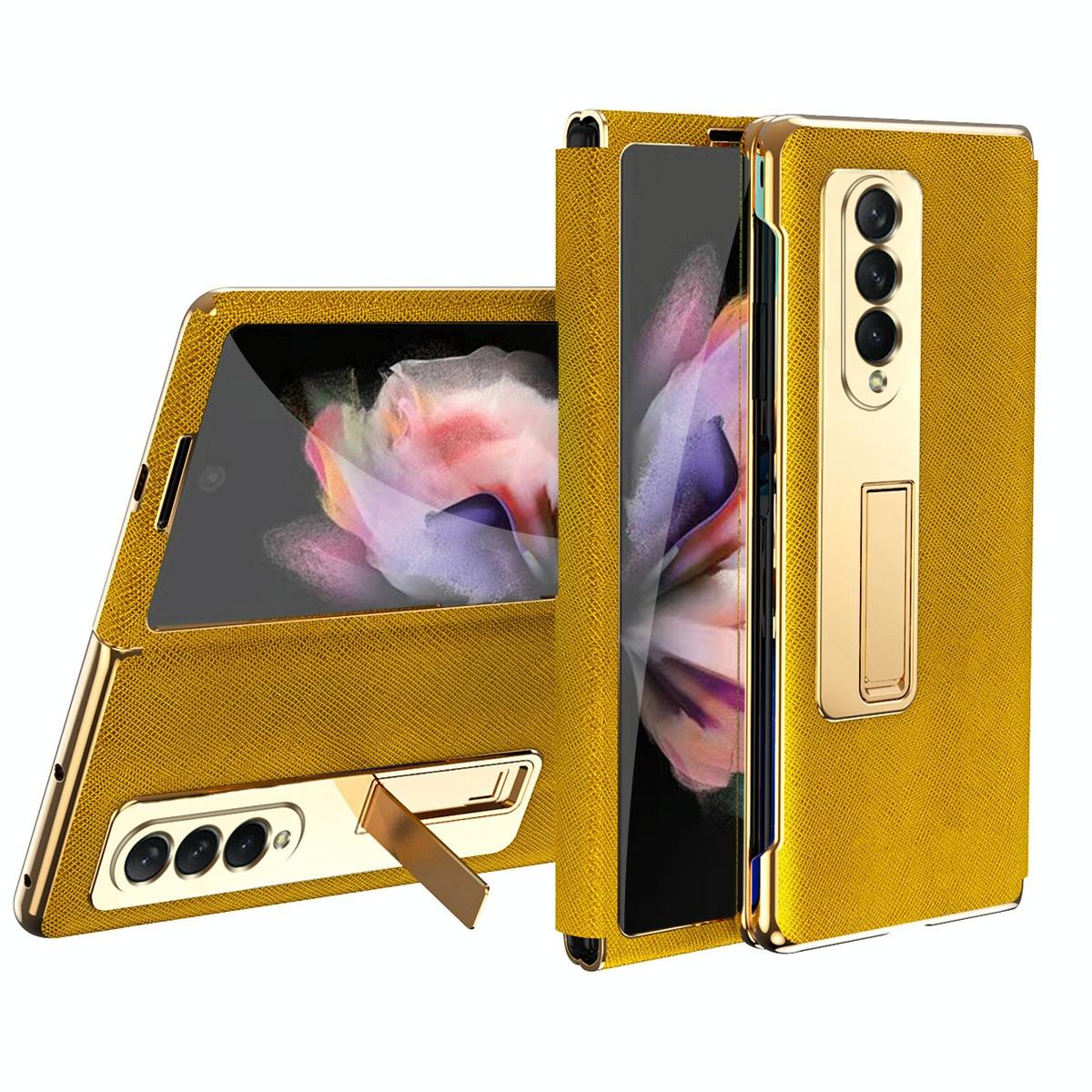 For Samsung Galaxy Z Fold4 5G Flip Case With Tempered Film - Textured Hinge - Cyan
