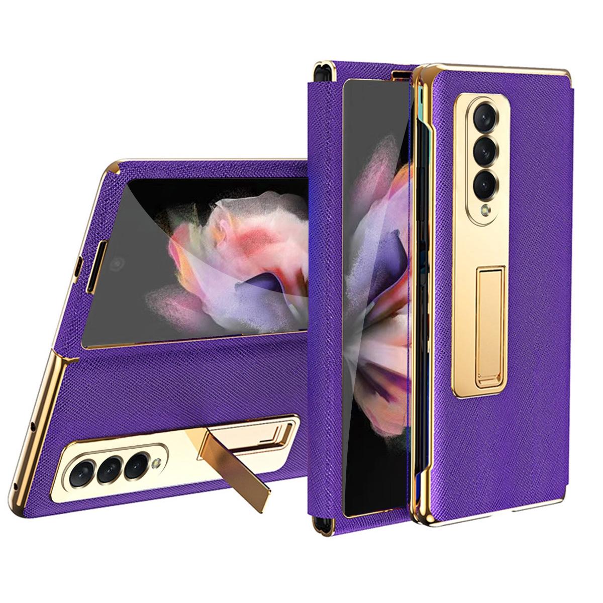 For Samsung Galaxy Z Fold4 5G Flip Case With Tempered Film - Textured Hinge - Cyan