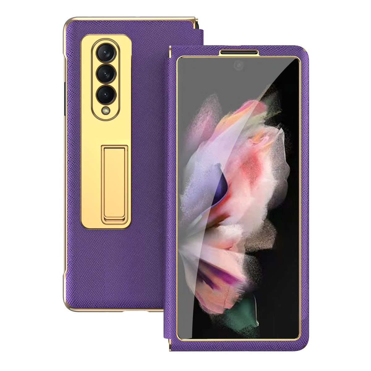 For Samsung Galaxy Z Fold4 5G Flip Case With Tempered Film - Textured Hinge - Cyan