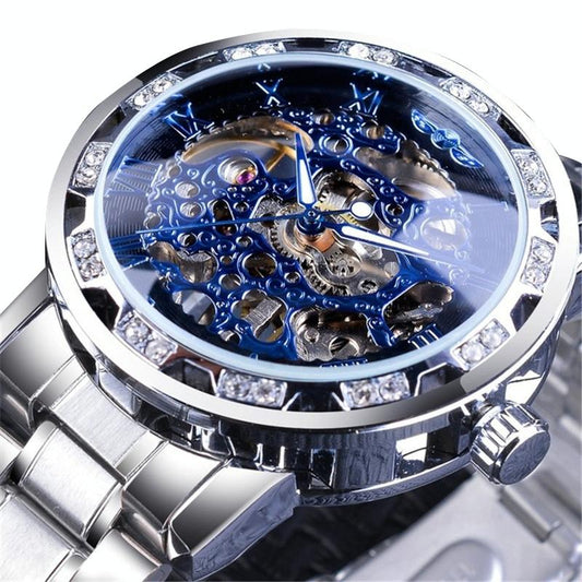 Men Skeleton Diamond Mechanical Watch - Luminous Pointer - Silver Belt Silver Shell Blue Face