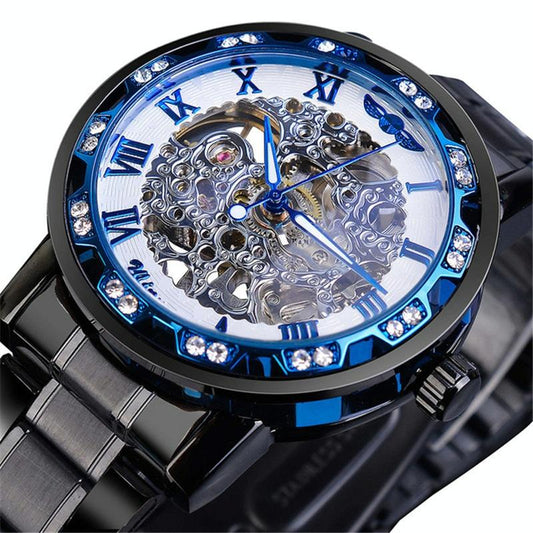 Men Skeleton Diamond Mechanical Watch - Luminous Pointer - Silver Belt Silver Shell Blue Face