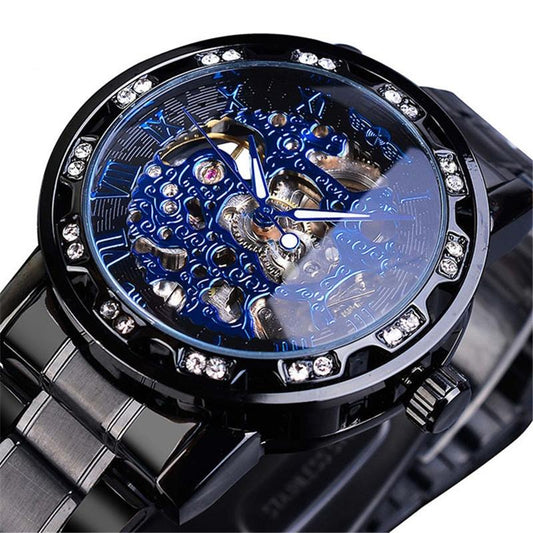 Men Skeleton Diamond Mechanical Watch - Luminous Pointer - Black Belt Black Shell Blue Face
