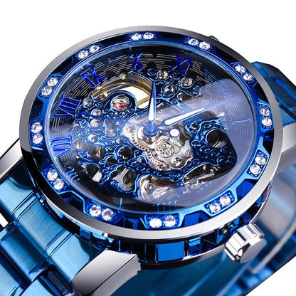 Men Skeleton Diamond Mechanical Watch - Luminous Pointer - Black Belt Black Shell Blue Face