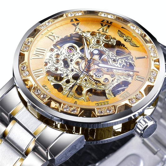 Men Skeleton Diamond Mechanical Watch - Luminous Pointer - Silver Belt Silver Shell Gold Face