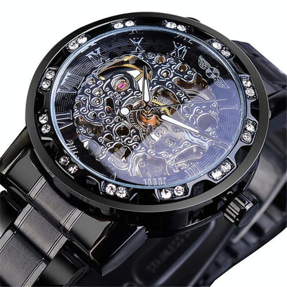 Men Skeleton Diamond Mechanical Watch - Luminous Pointer - Silver Belt Silver Shell Gold Face