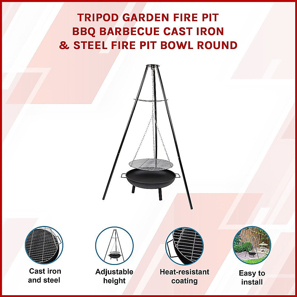 Tripod Garden Fire Pit BBQ – Cast Iron & Steel Round Outdoor Fire Bowl