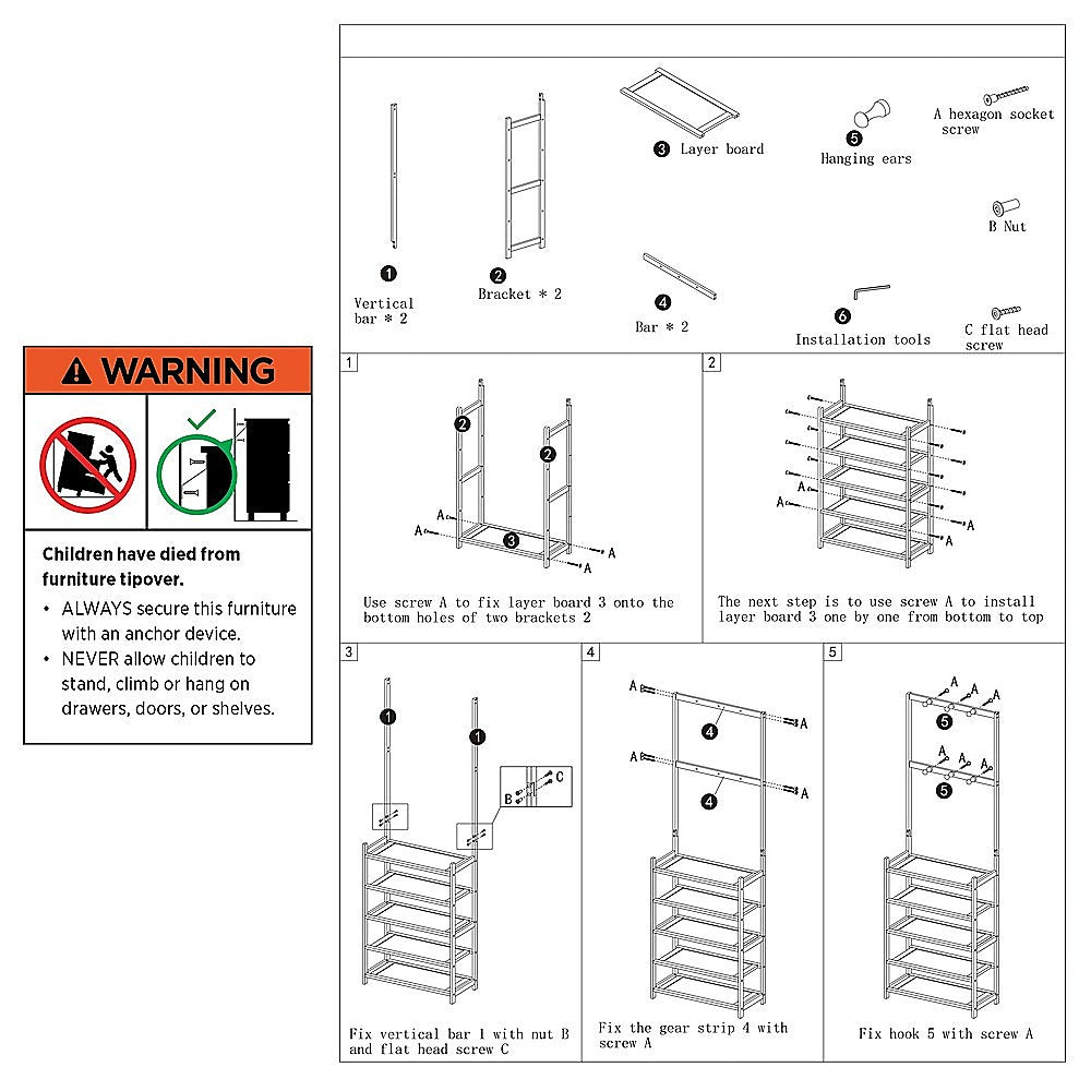 Large Wooden 5 Tiers Hat Coat Stand Clothes Shoe Rack Hanger Hooks Shelf Storage