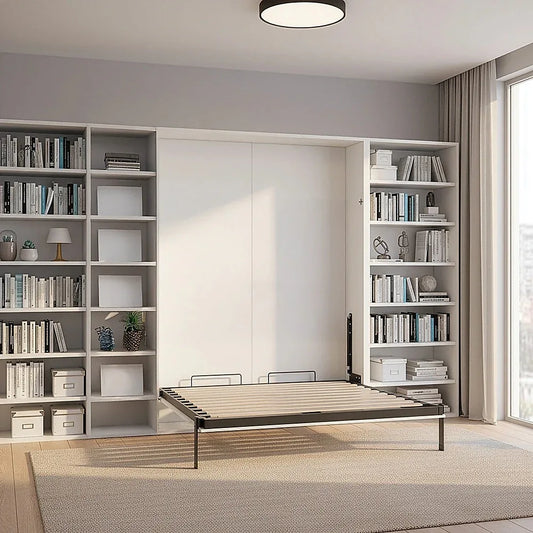 Double Wall Bed in White Gloss – Space Saving Murphy Bed Kit with Silver Door Handle - Mekamart Australia