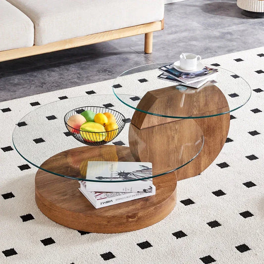 'MINORI' Double Layer Clear Tempered Glass Dark Wood Grain Coffee Table - Mekamart Australia