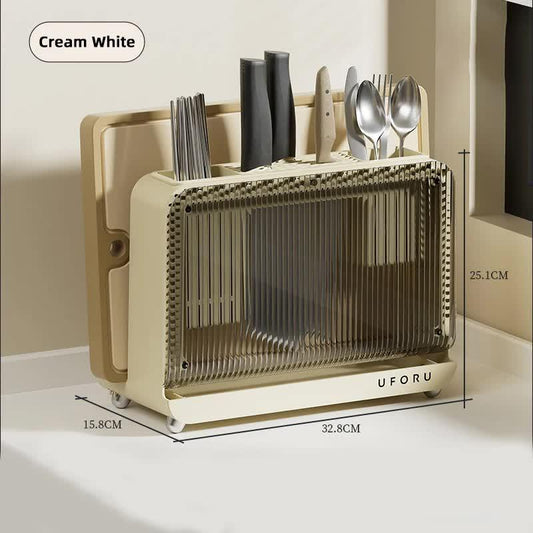 Cream White Multifunctional Kitchen Knife Holder - Integrated Storage Rack for Knives, Chopsticks, and Cutting Boards - Mekamart Australia