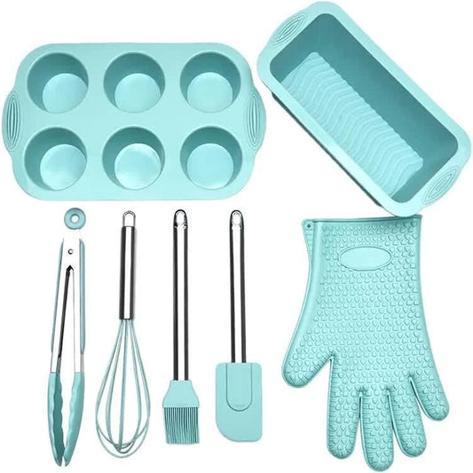 Green 7-Piece Silicone Bakeware Set with Whisk, Spatula, Brush, Gloves, and Cake Molds for Home Baking - Mekamart Australia