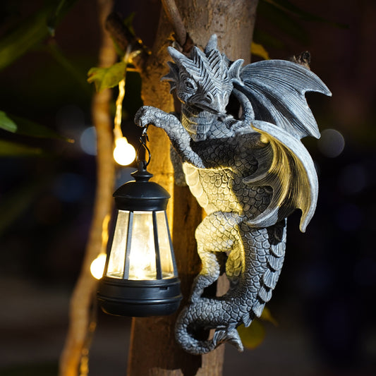 Solar-Powered Dragon Statue with LED Lantern - Gothic Outdoor Wall Hanging Decor