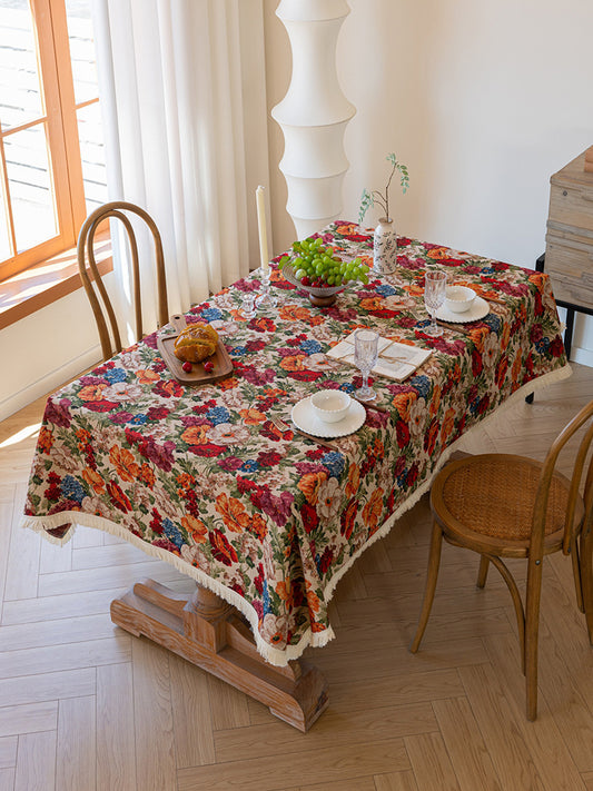 Floral Cotton Linen Tablecloth | Vintage Style Country Garden Design, 120*120cm