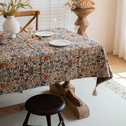 Floral Vintage Bird Tassel Tablecloth | Vintage Cotton and Linen Jacquard Tablecloth, 90x90cm