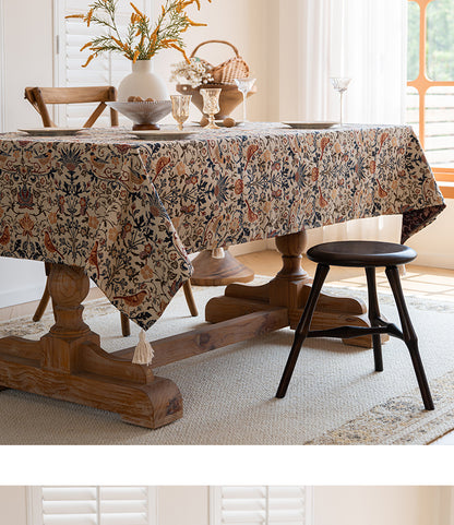 Floral Vintage Bird Tassel Tablecloth | Vintage Cotton and Linen Jacquard Tablecloth, 90x90cm