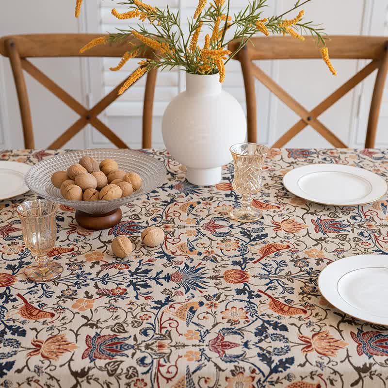 Floral Vintage Bird Tassel Tablecloth | Vintage Cotton and Linen Jacquard Tablecloth, 90*140cm