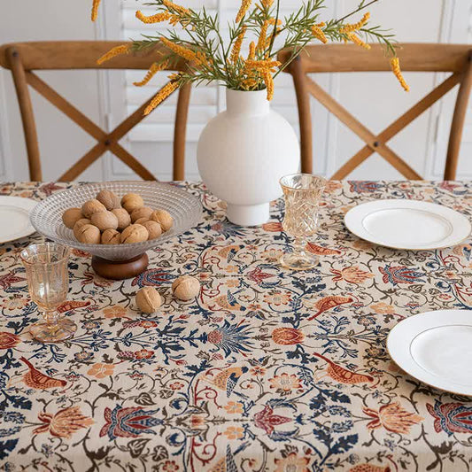 Floral Vintage Bird Tassel Tablecloth | Vintage Cotton and Linen Jacquard Tablecloth, 90*140cm