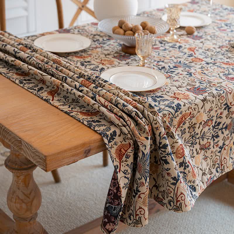 Floral Vintage Bird Tassel Tablecloth | Vintage Cotton and Linen Jacquard Tablecloth, 100*160cm