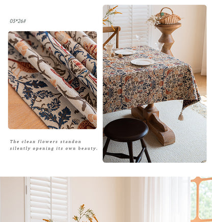 Floral Vintage Bird Tassel Tablecloth | Vintage Cotton and Linen Jacquard Tablecloth, 100*160cm