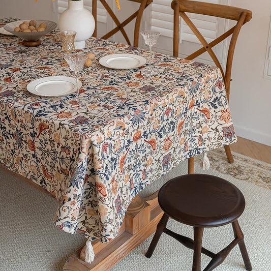 Floral Vintage Bird Tassel Tablecloth | Vintage Cotton and Linen Jacquard Tablecloth, 120*160cm