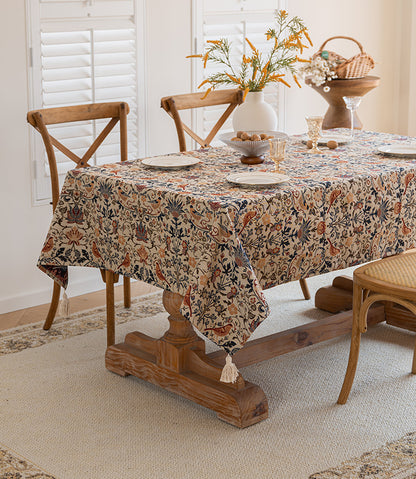 Floral Vintage Bird Tassel Tablecloth | Vintage Cotton and Linen Jacquard Tablecloth, 120*160cm